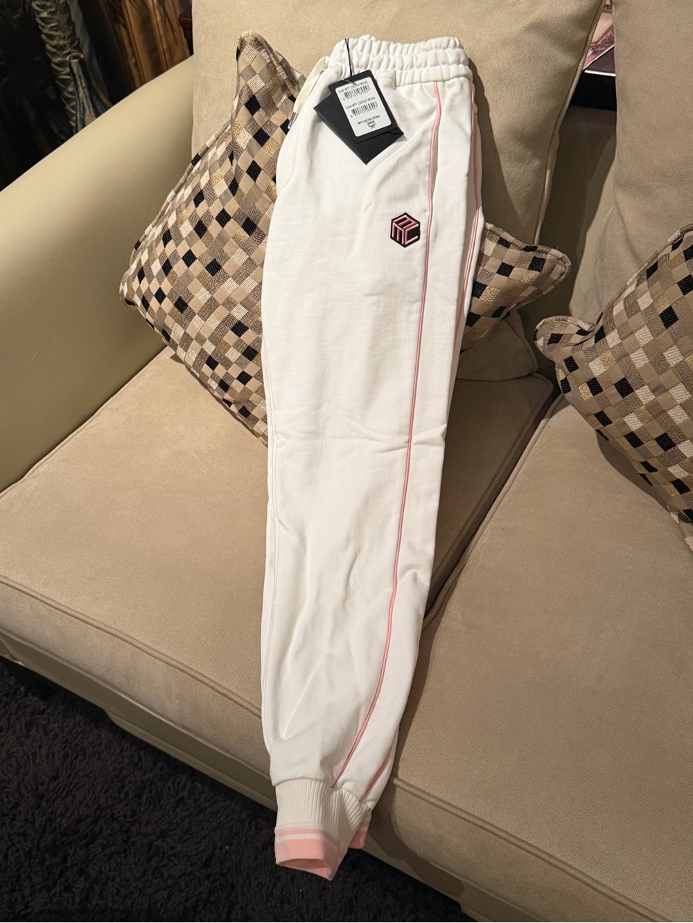 MCM White Sweatpants with Black Logo Tag